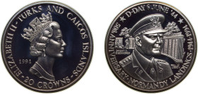 Turks and Caicos Islands British Overseas Territory 1994 20 Crowns - Elizabeth II (D-Day Dwight Eisenhower) Silver (.999) 31.104g PF KM 221