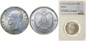Yugoslavia Kingdom 1938 20 Dinara - Peter II Silver (.750) (15000000) 9g NGC MS 62 KM 23 Schön 18