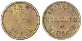 Münzen der Kolonien und Nebengebiete
Deutsch-Ostafrika
Messingmarke zu 1/3 Rupie o.J. Brauerei Schultz Daressalam. 20 mm. vorzüglich, selten. Opalka...