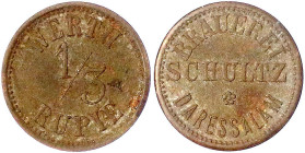 Münzen der Kolonien und Nebengebiete
Deutsch-Ostafrika
Messingmarke zu 1/3 Rupie o.J. Brauerei Schultz Daressalam. 20 mm. sehr schön, selten. Opalka...