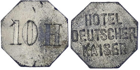 Münzen der Kolonien und Nebengebiete
Deutsch-Ostafrika
Vernickelte Zinkmarke zu 10 Heller o.J. Hotel Deutscher Kaiser (in Tanga). Achteckig, 21 mm. ...