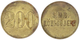 Münzen der Kolonien und Nebengebiete
Deutsch-Ostafrika
200 (Heller) Wertmarke o.J.(ab 1905). S.M.S. Königsberg. Messing 30 mm. vorzüglich, kl. Fleck...