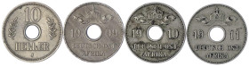 Münzen der Kolonien und Nebengebiete
Deutsch-Ostafrika
4 X 10 Heller: 1908 J, 1909 J, 1910 J, 1911 A. Lochgeld. sehr schön bis vorzüglich, teils kl....