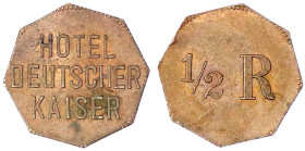 Münzen der Kolonien und Nebengebiete
Deutsch-Ostafrika
Kupfermarke zu 1/2 Rupie o.J. Hotel Deutscher Kaiser (in Tanga). Achteckig, 22 mm. vorzüglich...