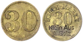 Münzen der Kolonien und Nebengebiete
Deutsch-Südwestafrika
30 (Pfennig) Werth-Marke Messing o.J. eingeschlagen "Klein Aus A. Bolz". 24 mm vorzüglich...