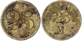 Münzen der Kolonien und Nebengebiete
Deutsch-Südwestafrika
25 (Pfennig) Werth-Marke o.J. Messing 23 mm. Eingeschlagenes M. Hansa Hotel Swakopmund. s...