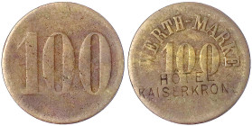 Münzen der Kolonien und Nebengebiete
Deutsch-Südwestafrika
Werth-Marke 100 o.J. Messing 28 mm. Eingeschlagen HOTEL KAISERKRONE (in Windhuk). schön/s...