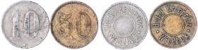 Münzen der Kolonien und Nebengebiete
Deutsch-Südwestafrika
2 Wertmarken Hotel Kronprinz, Windhuk o.J. 10 (Pfennig) Aluminium 22,5 mm und 50 (Pfennig...