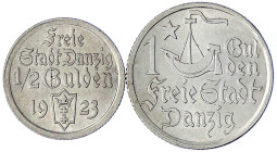 Münzen der Kolonien und Nebengebiete
Danzig, Freie Stadt
1/2 und 1 Gulden 1923. Hansekogge. vorzüglich/Stempelglanz und fast Stempelglanz. Jaeger D6...