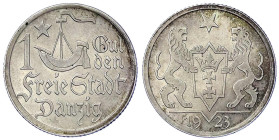 Münzen der Kolonien und Nebengebiete
Danzig, Freie Stadt
1 Gulden 1923. Hansekogge. vorzüglich/Stempelglanz. Jaeger D7.