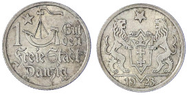 Münzen der Kolonien und Nebengebiete
Danzig, Freie Stadt
1 Gulden 1923. Hansekogge. vorzüglich. Jaeger D7.