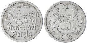 Münzen der Kolonien und Nebengebiete
Danzig, Freie Stadt
2 Gulden 1923. Hansekogge. vorzüglich. Jaeger D8.