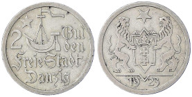 Münzen der Kolonien und Nebengebiete
Danzig, Freie Stadt
2 Gulden 1923. Hansekogge. sehr schön/vorzüglich, kl. Randfehler. Jaeger D8.