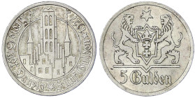 Münzen der Kolonien und Nebengebiete
Danzig, Freie Stadt
5 Gulden 1927. Marienkirche. vorzüglich. Jaeger D9.