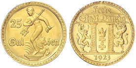 Münzen der Kolonien und Nebengebiete
Danzig, Freie Stadt
25 Gulden GOLD 1923. Polierte Platte, Prachtexemplar, äußerst selten Ex. der 200. Künker-Au...