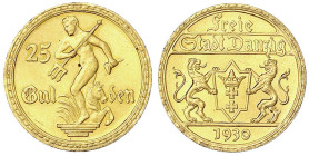 Münzen der Kolonien und Nebengebiete
Danzig, Freie Stadt
25 Gulden GOLD 1930. prägefrisch, kl. Randfehler. Jaeger D11. AKS 6. Friedberg 44 (Poland)....