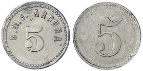Münzen der Kolonien und Nebengebiete
Marken der kaiserlichen Marine und der Kriegsmarine
5 (Pfennig) o.J. Zink, vernickelt. SMS Arcona. 17,2 mm. seh...