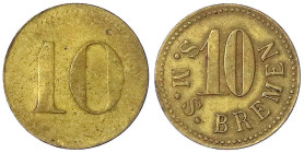 Münzen der Kolonien und Nebengebiete
Marken der kaiserlichen Marine und der Kriegsmarine
10 (Pfennig) o.J. Messing, 18,6 mm. S.M.S. Bremen. sehr sch...