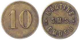 Münzen der Kolonien und Nebengebiete
Marken der kaiserlichen Marine und der Kriegsmarine
10 (Pfennig) o.J. Messing, 19 mm. Kantine SMS Emden. sehr s...