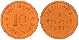 Münzen der Kolonien und Nebengebiete
Marken der kaiserlichen Marine und der Kriegsmarine
10 Reichspfennig o.J. Plastik, orange, 20,7 mm. Schiffsgeld...