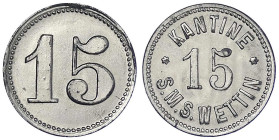 Münzen der Kolonien und Nebengebiete
Marken der kaiserlichen Marine und der Kriegsmarine
15 (Pfennig) o.J. Zink, vernickelt, 20,3 mm. Kantine S.M.S....