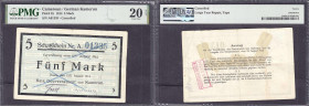 Banknoten der Kolonien und Nebengebiete
Deutsch-Kamerun
5 Mark Schatzschein 12.08.1914, zwei Faksimile Unterschriften, KN. 5-stellig blau, Serie A. ...