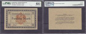 Banknoten der Kolonien und Nebengebiete
Deutsch-Kamerun
50 Mark Schatzschein 12.08.1914, Adler im Unterdruck rotbraun. PMG-Grading 64 Coice Uncircul...