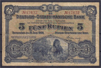 Banknoten der Kolonien und Nebengebiete
Deutsch-Ostafrika
5 Rupien 15.6.1905. Kolonialbanknote, Löwenpaar in der Savanne. IV, hinterklebt. Rosenberg...