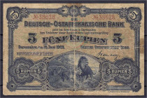 Banknoten der Kolonien und Nebengebiete
Deutsch-Ostafrika
5 Rupien 15.6.1905. Kolonialbanknote, Löwenpaar in der Savanne. IV, hinterklebt. Rosenberg...