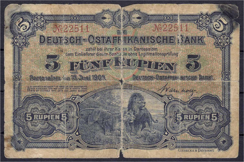Banknoten der Kolonien und Nebengebiete
Deutsch-Ostafrika
5 Rupien 15.6.1905. ...