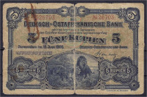 Banknoten der Kolonien und Nebengebiete
Deutsch-Ostafrika
5 Rupien 15.6.1905. Kolonialbanknote, Löwenpaar in der Savanne. V, Büroklammerfleck und Fe...