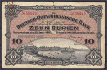 Banknoten der Kolonien und Nebengebiete
Deutsch-Ostafrika
10 Rupien 15.6.1905. Kolonialbanknote, Hafenansicht von Daressalam. III-IV, Büroklammerfle...