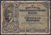 Banknoten der Kolonien und Nebengebiete
Deutsch-Ostafrika
50 Rupien 15.6.1905. Kolonialbanknote, Kaiser Wilhelm II. KN. 4-stellig, Vs. rot und Rs. o...