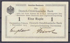 Banknoten der Kolonien und Nebengebiete
Deutsch-Ostafrika
1 Rupie Interims-Banknote 1.11.1915. Papier weiß. II+, etwas schmutzig. Rosenberg 915. Gra...