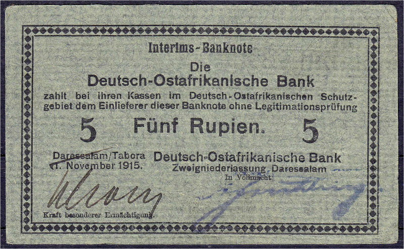 Banknoten der Kolonien und Nebengebiete
Deutsch-Ostafrika
5 Rupien Interims-Ba...