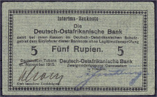 Banknoten der Kolonien und Nebengebiete
Deutsch-Ostafrika
5 Rupien Interims-Banknote 1.11.1915, Karton hellgraugrün mit blauen Fasern. Serie D. II. ...