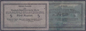 Banknoten der Kolonien und Nebengebiete
Deutsch-Ostafrika
2 x 5 Rupien Interims-Banknote 1.2.1916. Beide Faks. Us. violett, Serie G und F. II und IV...