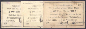 Banknoten der Kolonien und Nebengebiete
Deutsch-Ostafrika
3 x 1 Rupie Interims-Banknoten 1.7.1917. Serie EP, ER, FP. II-III. Rosenberg 936a,b,e. Gra...