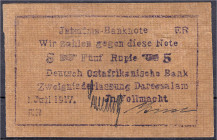 Banknoten der Kolonien und Nebengebiete
Deutsch-Ostafrika
5 Rupien 1.7.1917. Papier gelbbraun, Druck violett, KN 5-stellig. II. Rosenberg 937c. Grab...
