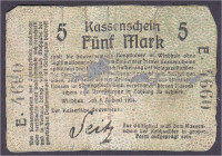 Banknoten der Kolonien und Nebengebiete
Deutsch-Südwestafrika
5 Mark Kassenschein 8.8.1914. KN. 4-stellig, Serie E. VI, restauriert, Belegexemplar. ...