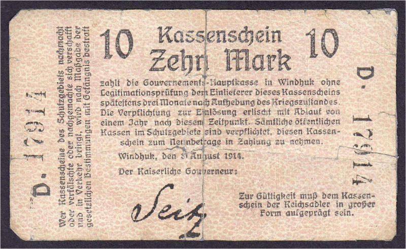 Banknoten der Kolonien und Nebengebiete
Deutsch-Südwestafrika
10 Mark Kassensc...