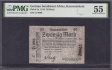 Banknoten der Kolonien und Nebengebiete
Deutsch-Südwestafrika
20 Mark Kassenschein 8.8.1914. KN. 5-stellig. PMG-Grading 55 About Uncirculated. Rosen...