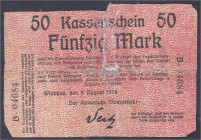 Banknoten der Kolonien und Nebengebiete
Deutsch-Südwestafrika
50 Mark Kassenschein 8.8.1914. KN. 5-stellig, Serie B. VI, restauriert, Belegexemplar....