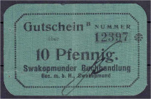 Banknoten der Kolonien und Nebengebiete
Deutsch-Südwestafrika
Swakopmunder Buchhandlung, 10 Pfennig Leinen (grün) o.D. 3. Auflage mit B Nummer. III,...