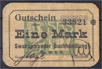 Banknoten der Kolonien und Nebengebiete
Deutsch-Südwestafrika
Swakopmunder Buchhandlung, 1 Mark Gutschein o.D. 1. Auflage, KN mit Stern. III. Rosenb...
