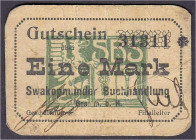 Banknoten der Kolonien und Nebengebiete
Deutsch-Südwestafrika
Swakopmunder Buchhandlung, 1 Mark Gutschein o.D. 1. Auflage, KN mit Stern. IV. Rosenbe...