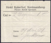 Banknoten der Kolonien und Nebengebiete
Deutsch-Südwestafrika
Privatausgabe, Hotel Kaiserhof, Keetmanshoop, Gutschein für 2 Cigarren 29.5.1909. Päch...