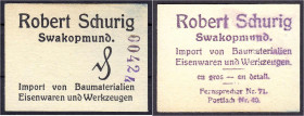 Banknoten der Kolonien und Nebengebiete
Deutsch-Südwestafrika
Robert Schurig Swakopmund, ohne Wertbezeichnung o.D. Import von Baumaterialien, Eisenw...