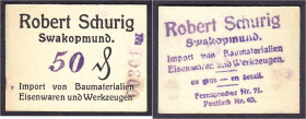 Banknoten der Kolonien und Nebengebiete
Deutsch-Südwestafrika
Robert Schurig Swakopmund, 50 Pfg. o.D. Import von Baumaterialien, Eisenwaren und Werk...