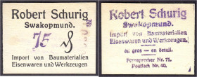 Banknoten der Kolonien und Nebengebiete
Deutsch-Südwestafrika
Robert Schurig Swakopmund, 75 Pfg. o.D. Import von Baumaterialien, Eisenwaren und Werk...